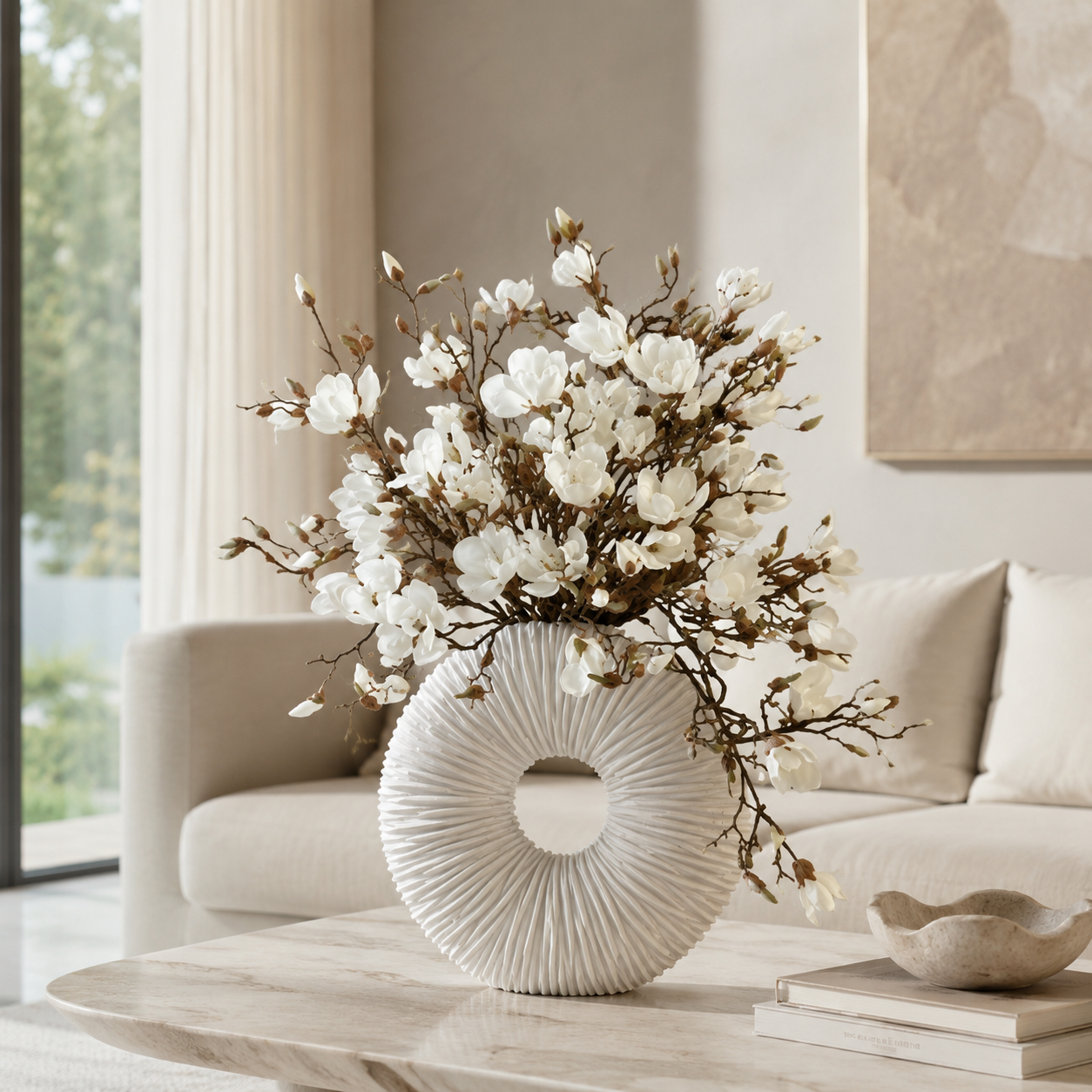 Jarrón Éternité Beige Mate con Magnolias y Madera Flotante para decoración de interiores | Vareluma