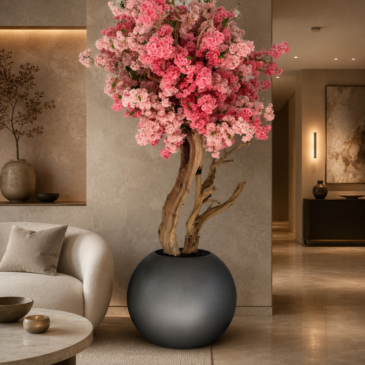 Flores de Cerezo Bicolores en Jarrón Globo Gunmetal Mate | Vareluma