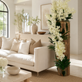 Jarrón de Teca de Borde Natural con Orquídeas Vanda Blancas para decoración de interiores | Vareluma